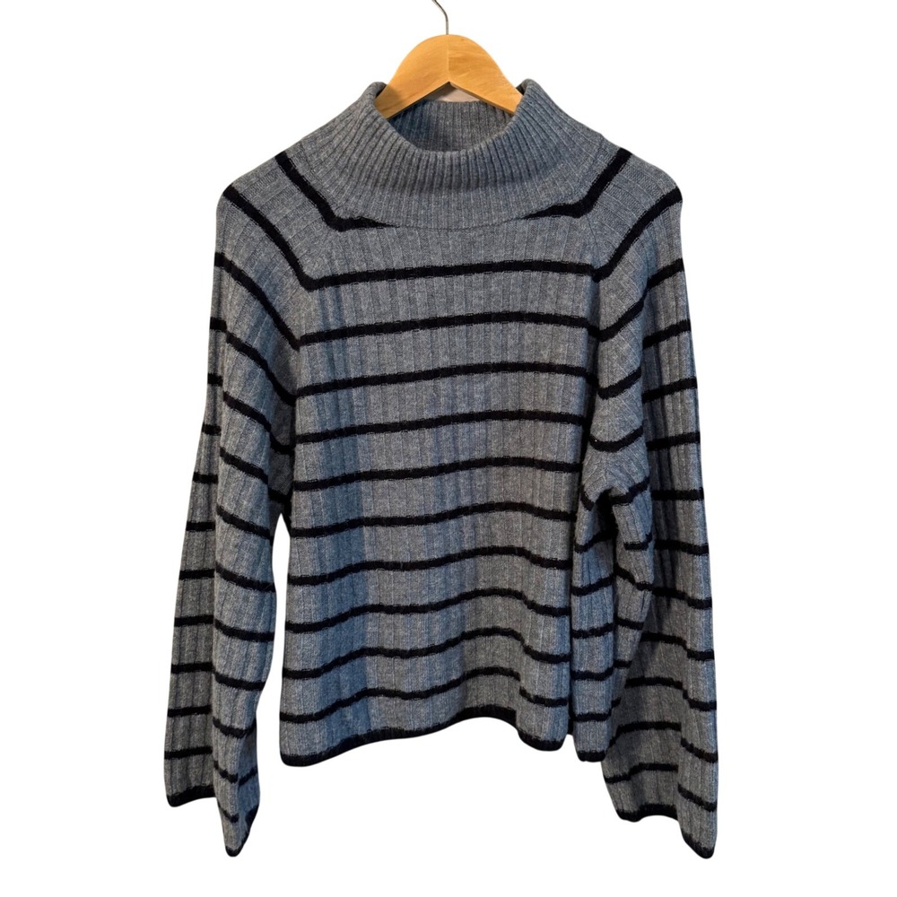 1.STATE Women M Ribbed Turtleneck Sweater Gray Black Stripe Soft Cozy Minimalist